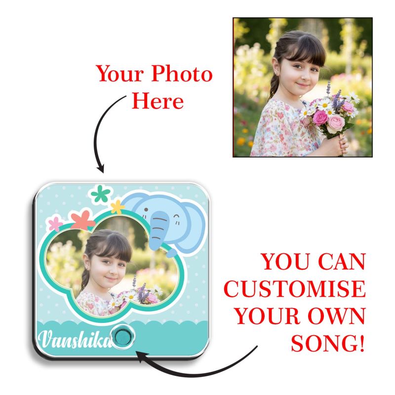 Elephant Theme Personalised Musical Fridge Magnet with Custom Photo Rechargeable Battery, Type-C USB Charging Birthday Gift for Girls & Boys
